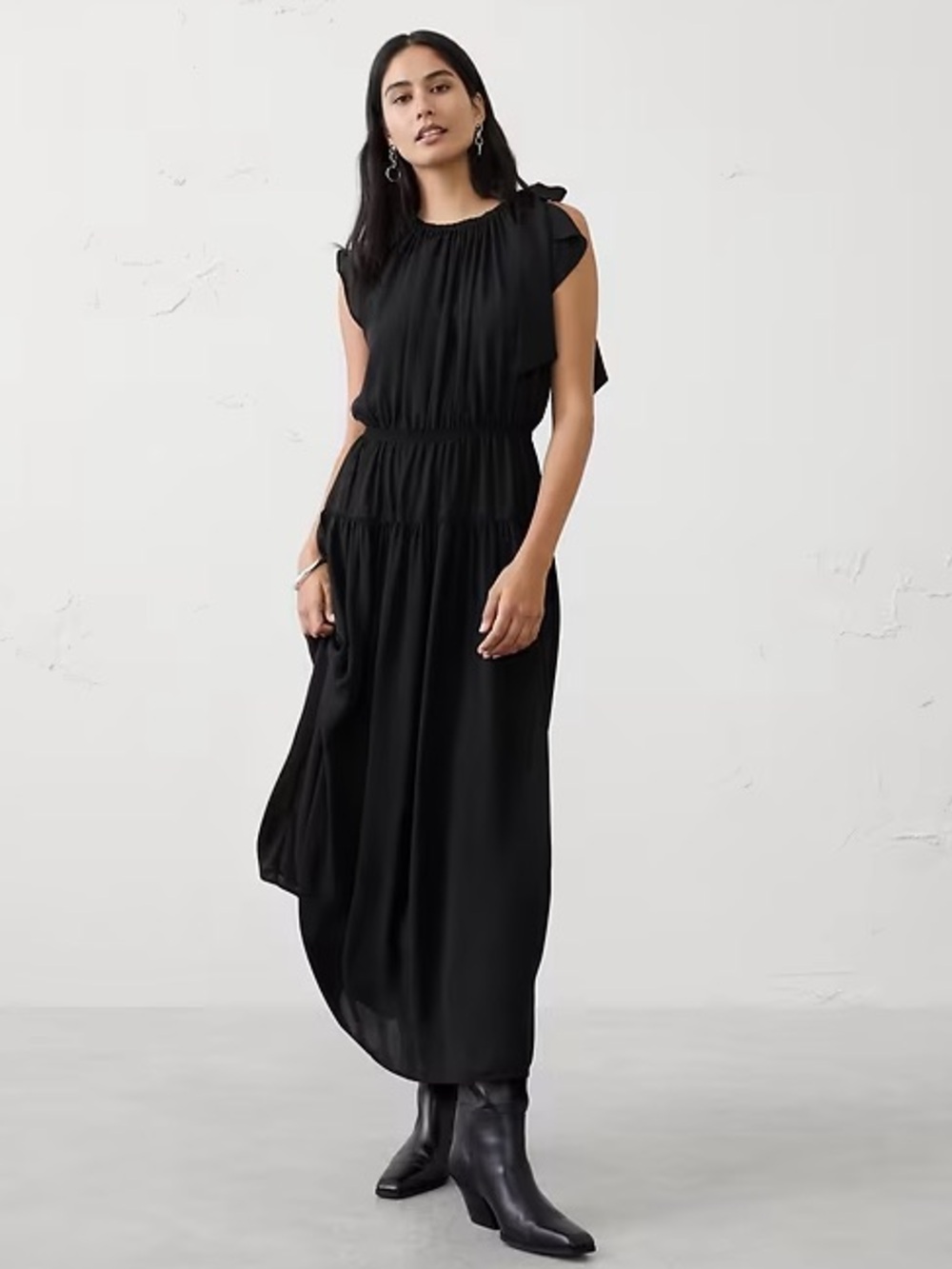 NWT! BANANA REPUBLIC BLACK SHIRRED-NECK DROP-WAIST MIDI DRESS - LARGE 🧞‍♀️